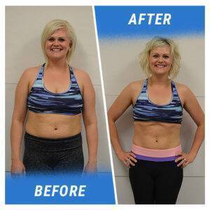 A photo of a woman before and after completing the 2 Week Challenge.