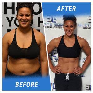 A photo of a woman before and after completing the 6 Week Challenge.