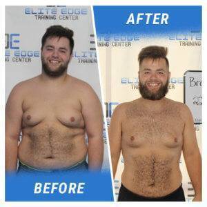 A photo of a man before and after completing a 6 Week Challenge at Elite Edge.