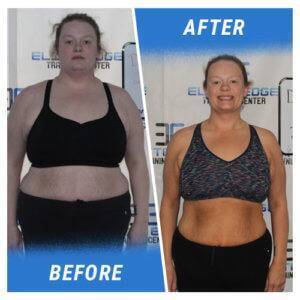 A photo of a woman before and after completing the Elite Edge program.