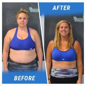 A photo of a woman before and after completing the 6 Week Challenge at Elite Edge.