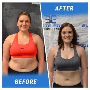 A photo of a woman before and after completing an Elite Edge program.
